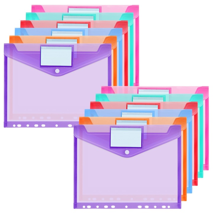 Чанта за документи Offcup A4, пакет от 12 прозрачни папки за документи със закопчаване с телбод и джоб за етикети, водоустойчиви торбички за документи A4, прозрачни торбички за документи с 11 отвора по ръба, 12 цвята