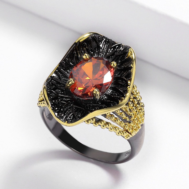 Inel Vintage din aur negru si rubin, argint negru placat cu cupru, design de mijlocul secolului, 19mm