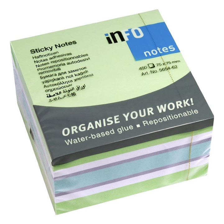 Bloc notite adezive Info Notes, 75 x 75 mm, 450 file, Verde pal-Alb-Violet-Albastru