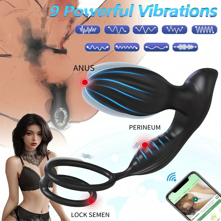 Inel penis Vibrator, Excitat®, 9+3 moduri de vibratie, masaj de prostata, Stimulare Multipla, Rezistent la Apa, Cu stimulator anal, Telecomanda APP, ABS+silicon medical, design ergonomic, incarcare USB, Pentru barbati si cupluri Jucarii sexuale, Negru