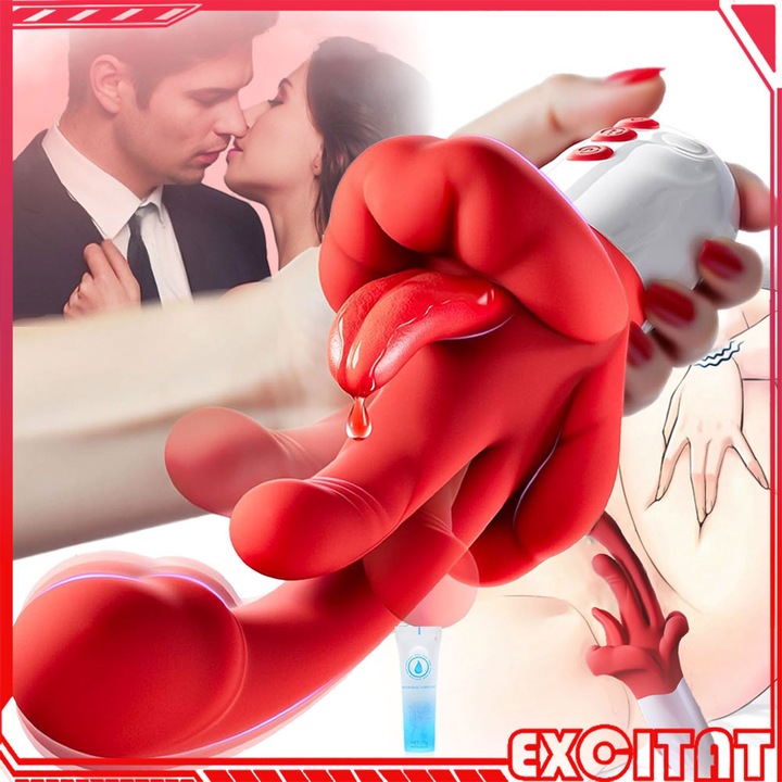 Вибратор за жени, Excitat, 5 в 1, Червени устни и облизване на езика, 10 вибрации, 5 люлеене, 5 облизване на езика, Със стимулатор за клитор, G-точка и анален стимулатор, силикон, водоустойчив, Подходящ както за жени, така и за двойки, Червен