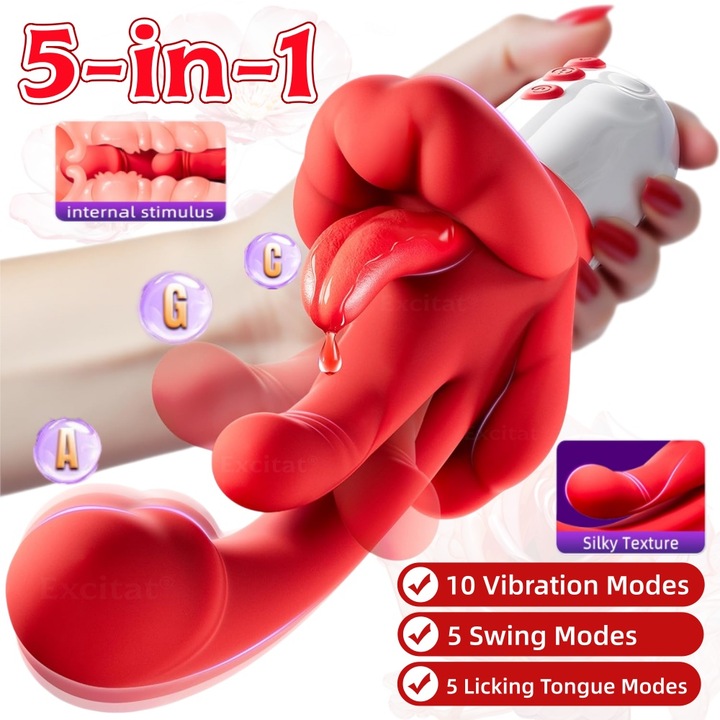 Vibrator pentru femei, Excitat®, 5 in1, Buze rosii si limba lingatoare, 10 vibratii, 5 leganare, 5 lingere cu limba, Cu stimulator pentru clitoris, punct G si anal, silicon, rezistent la apa, Potrivit atat pentru femei, cat si pentru cupluri, Rosu