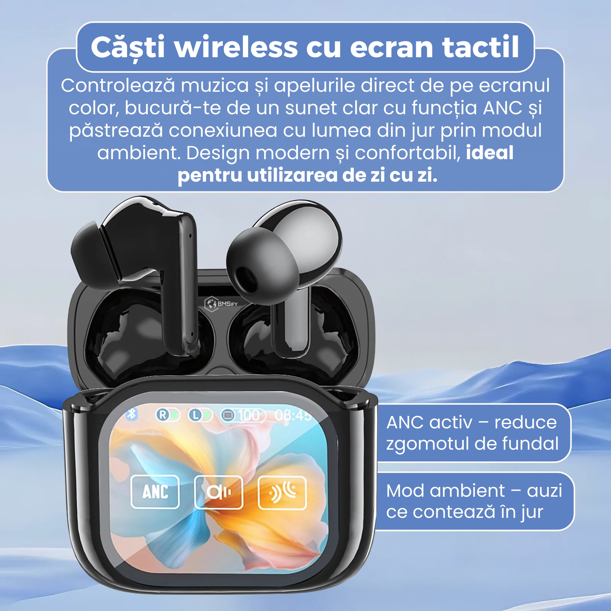 Color Control Localizare Casti wireless Bluetooth 5.4, BMSIFY®, cu anulare activa a zgomotului ...