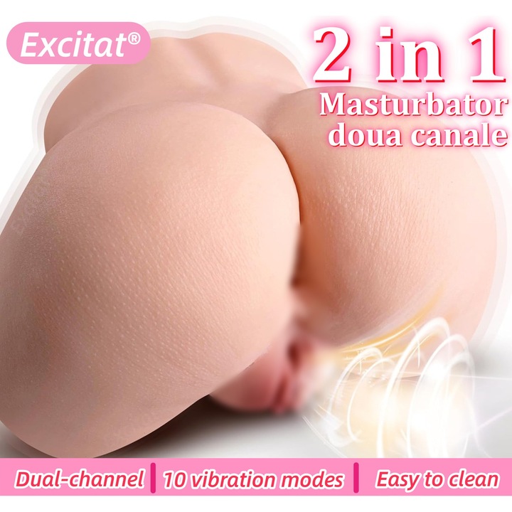 Masturbator doua canale, Excitat®, Papusi sexuale vibratoare, 10 moduri de vibratie, cu striatii 3D, Masturbator Vagin ultra-realistic, cu doua canale vaginal si anal, usor de curatat, TPE, rezistent la apa, 16×16×13cm, culori ale pielii