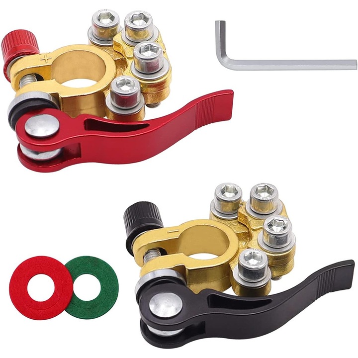 Set 2 borne auto cu 4 terminale si cleme, Zola, pozitiv si negativ, compatibile 6V/12V, curent maxim 800A, 6.5 x 5.5 cm, rosu/negru