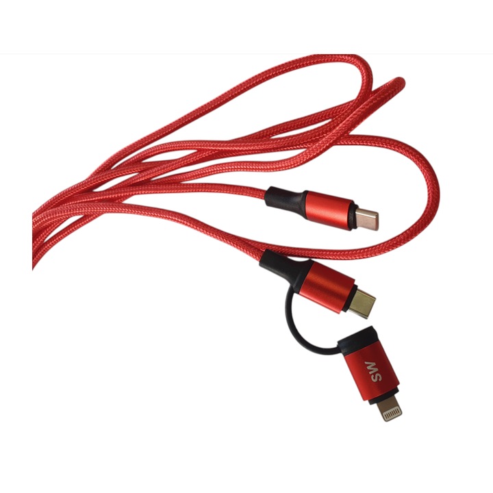 Cablu 2 in 1, Fast charger, transfer de date, USB-C / Lighting, USB-C 3.05 metri, rosu