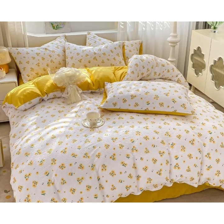 Lenjerie pat dublu, Cearsaf cu Elastic, 4 piese, 1 persoana, 140x200cm, Finet Creponat, Imprimeu Flori Galbene, Multicolor