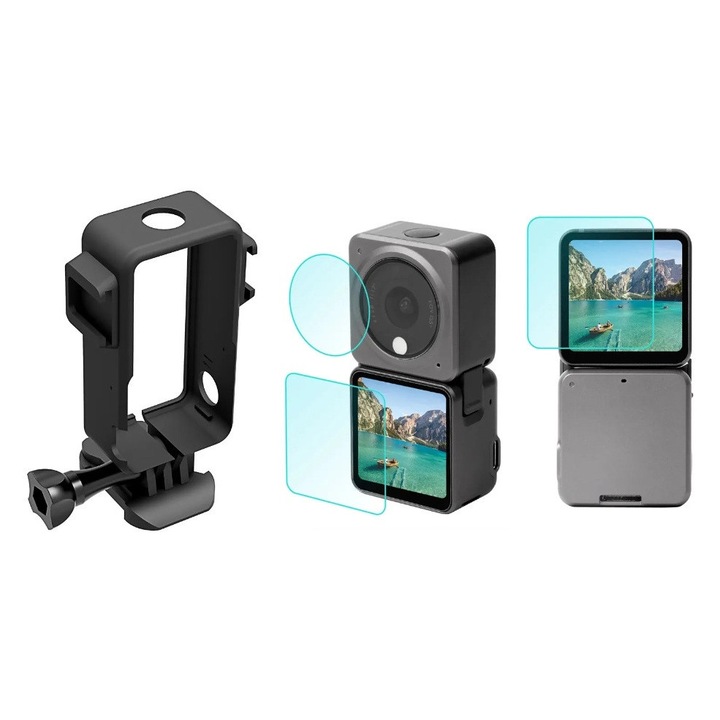 Защитна рамка (Grip System) за спортна видеокамера DJI OSMO Action 2, заедно със защитно фолио за екрана и обектива, удароустойчив калъф