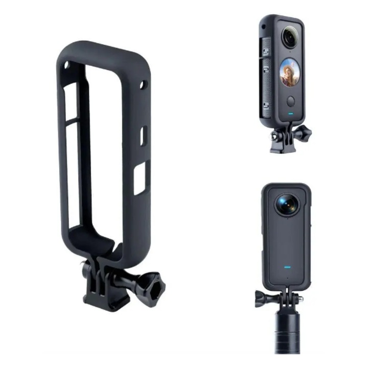 Védőkeret (Rögzítőrendszer) Insta 360 One X3 készülékhez, képernyővédő fóliával, fekete tokkal együtt