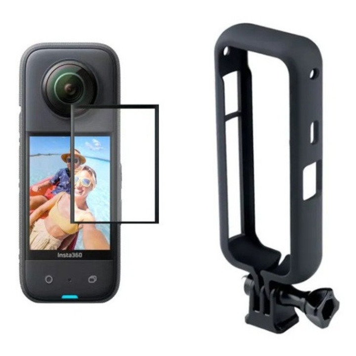 Rama de Protectie (Sistemul de Prindere) pentru Insta 360 One X3, impreuna cu folie de Protectie pt ecran, Carcasa Negru
