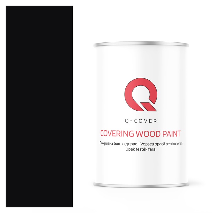Vopsea opaca pentru lemn, Q-cover, Negru, satin, pentru interior si exterior, pe baza de apa, fara miros, rezistenta la UV, fara substante toxice, flexibila, culoare durabila, 1L