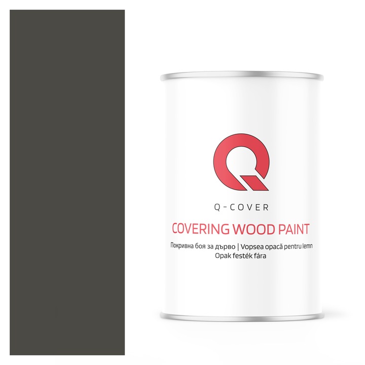 Vopsea opaca pentru lemn, Q-cover, Gri inchis, mat, pentru interior si exterior, pe baza de apa, fara miros, rezistenta la UV, fara substante toxice, flexibila, culoare durabila, 1L