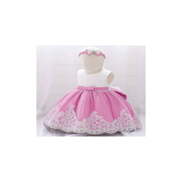 Rochie Botez, roz, cu broderie si accesoriu pentru cap.Marime 70 cm 3-6 l
