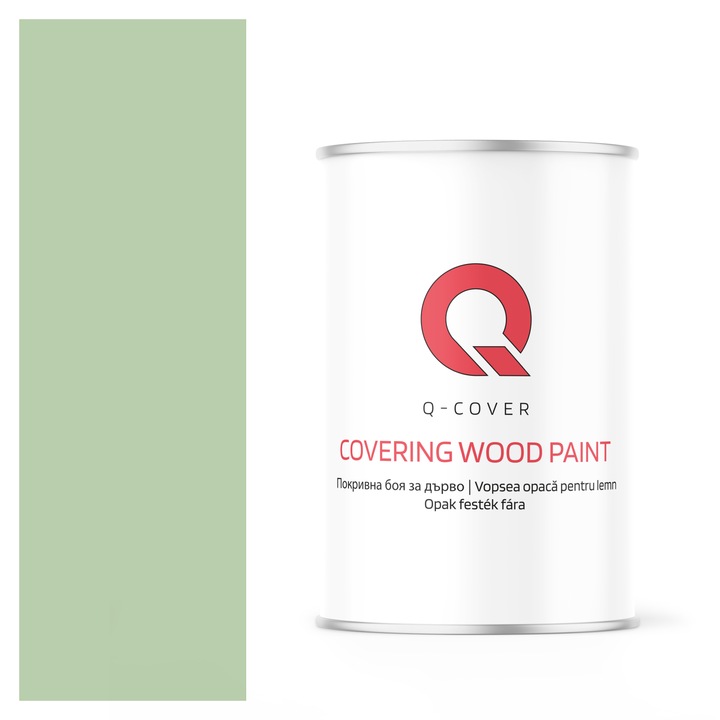 Vopsea opaca pentru lemn, Q-cover, Verde pastel, mat, pentru interior si exterior, pe baza de apa, fara miros, rezistenta la UV, fara substante toxice, flexibila, culoare durabila, 1L