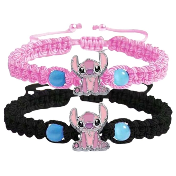 Set 2 Bratari, Danati™, cu Pandativ Stitch, Unisex, Reglabile, Negru si Roz, Realizata din sfoara de Calitate Premium, Culori Vibrante, Video demonstrativ, Disney