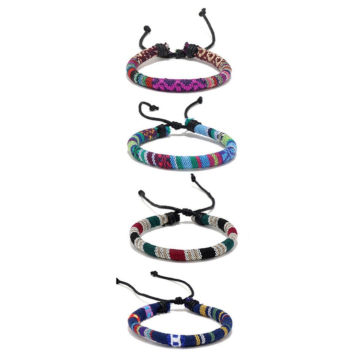 Set bratari unisex, 4 piese, MENZ® Ethno B, multicolore, motive traditionale, inchidere ajustabila, casual-boho