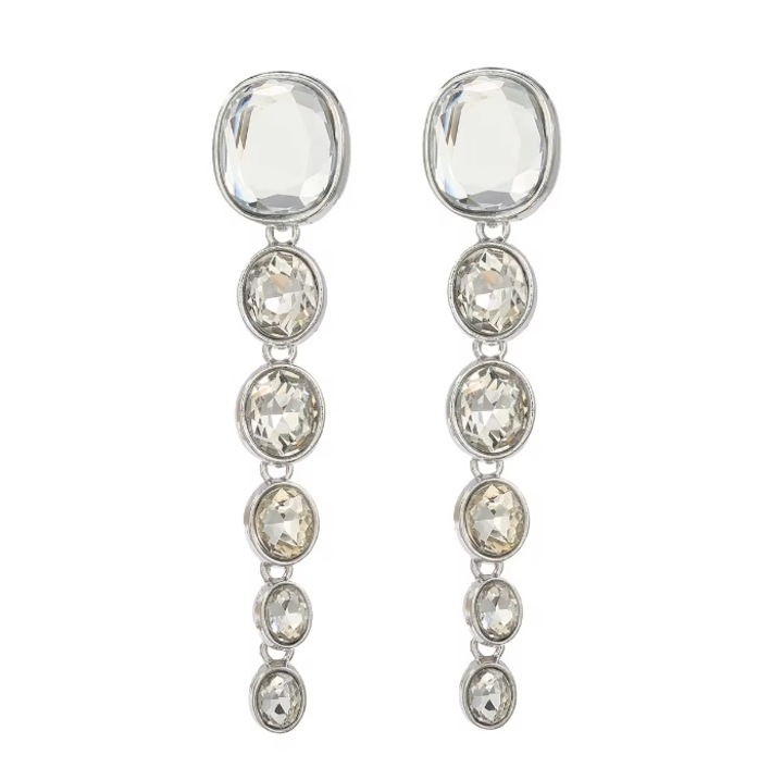 Hosszú ezüst fülbevalók kristályokkal, medálokkal, tökéletesek estélyi ruhához vagy mindennapi viselethez, elegáns és modern stílusú, ideális esküvőre