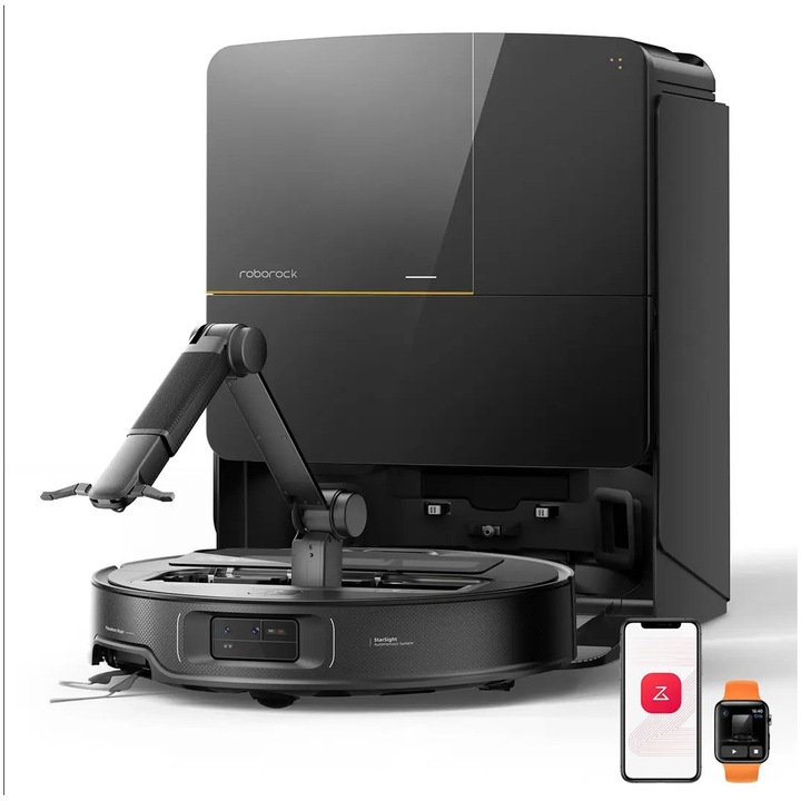 Robot de aspirare Roborock Saros Z70 RRE0R50+EWFD28HRR, 22.000 Pa, brat robotic inteligent OmniGrip, aspirator, mop si sistem avansat de gestionare a obstacolelor, navigatie autonoma StarSight 2.0, mapare 3D, Lidar, profil ultrasubtire 7.98 cm, negru