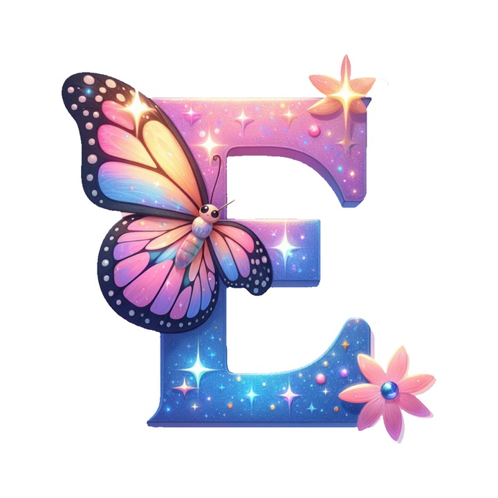 Stickere Decorative Alfabet Litera E cu fluturi, Autoadeziv, Cri-Flo, dimensiune 6 cm