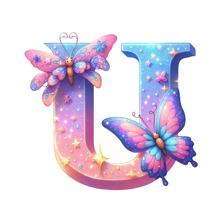 Stickere Decorative Alfabet Litera U cu fluturi, Autoadeziv, Cri-Flo, dimensiune 6 cm