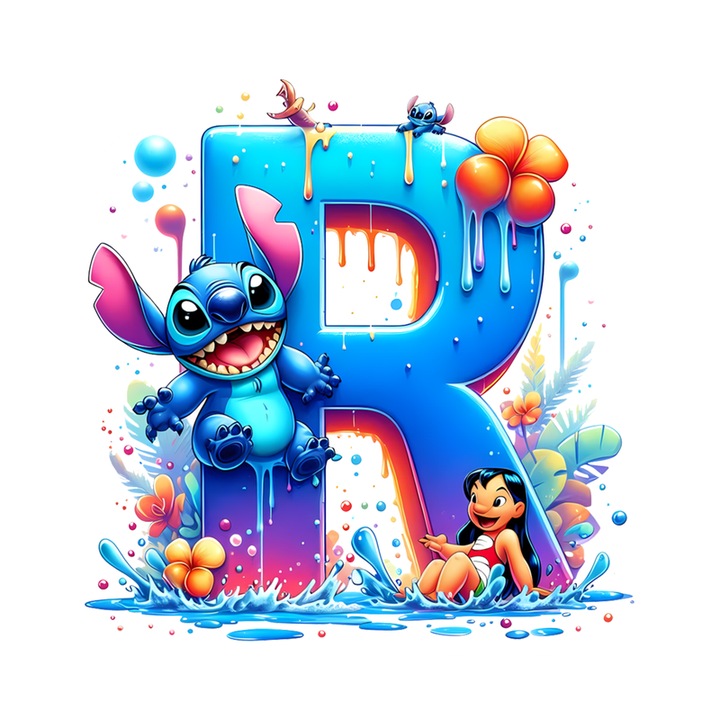 Stickere Decorative Alfabet Litera R cu Lilo si Stitch, Autoadeziv, Cri-Flo, dimensiune 6 cm