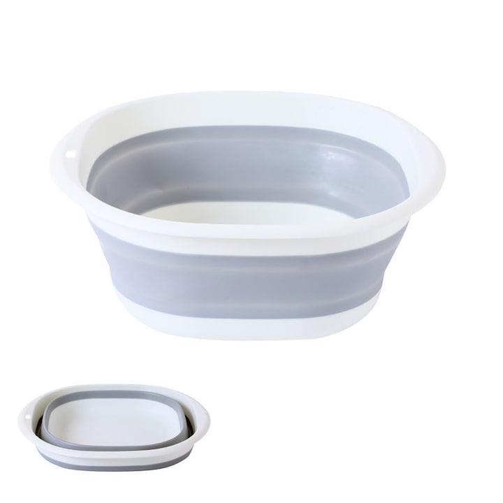 Cos de Rufe Pliabil Tip Lighean, Hggzeg, 2 Manere, Cu gaura de agatat, Siguranta materialului, Portabil si economie de spatiu, Multifunctionala, De pentru Baie, Bucatarie, Bebelus, PP/TPR, 24.5 x 9 x 3.5cm, Alb/Gri