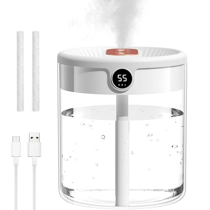 Овлажнител за Въздух - Топ 10 Най-Добрите Овлажнител за въздух, капацитет 2 л, 3 режима - двоен/прекъснат, интелигентен сензор, нощна светлина, ултра тих, автоматично изключване, 10-20 часа, бял и прозрачен, за дома, спалнята, растенията, бебетата, офиса