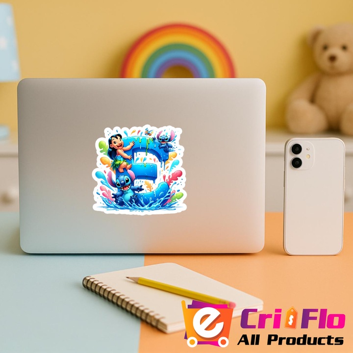Stickere Decorative Alfabet Litera E cu Lilo si Stitch, Autoadeziv, Cri-Flo, dimensiune 6 cm