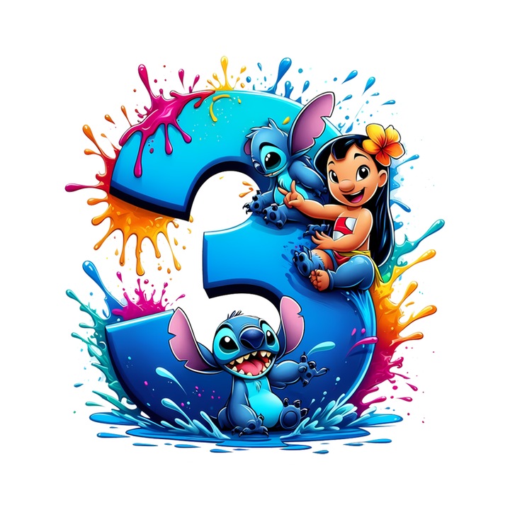 Stickere Decorative Alfabet Cifra 3 cu Lilo si Stitch, Autoadeziv, Cri-Flo, dimensiune 6 cm