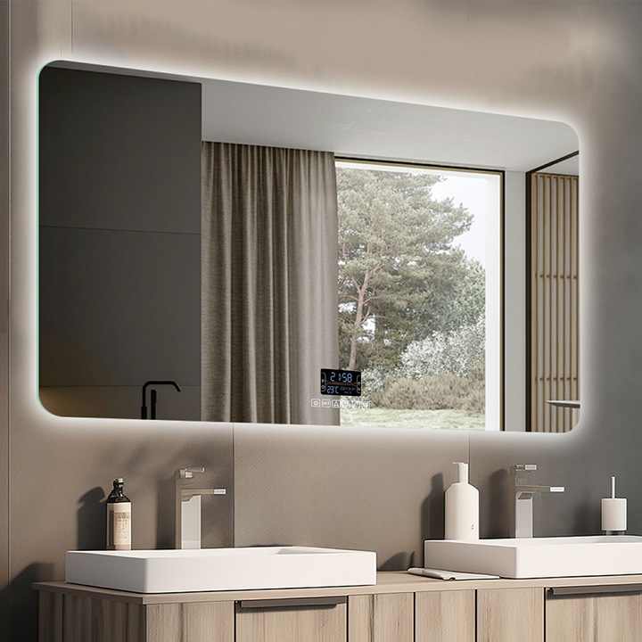 Oglinda smart Led, sticla 5 mm, dezaburire, buton touch, afisaj temperatura, 3 culori, bluetooth, 75x120 cm, Mira
