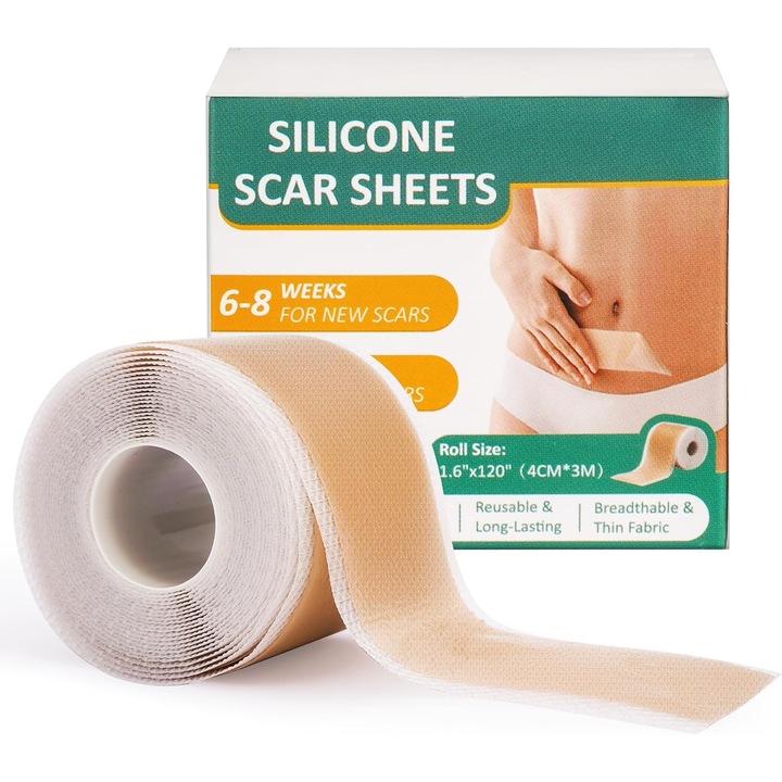 Banda adeziva din silicon pentru cicatrici (4 cm x 300 cm), respirabila, impermeabila, reutilizabila, pentru cicatrici care se estompeaza