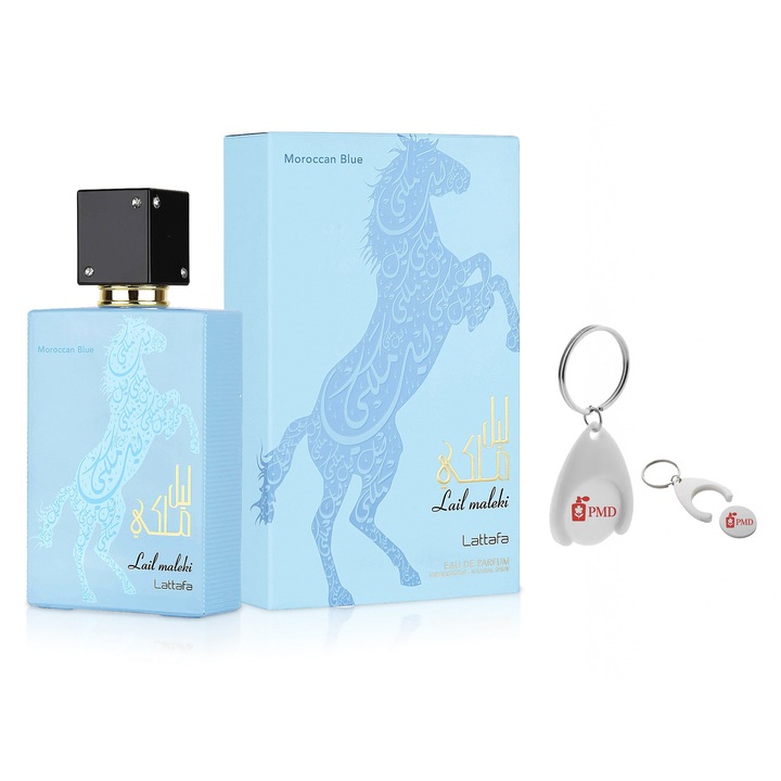 Lail Maleki Moroccan Blue Eau de Parfum szett, Lattafa, Unisex, 100ml, személyre szabott "PMD" kulcstartóval