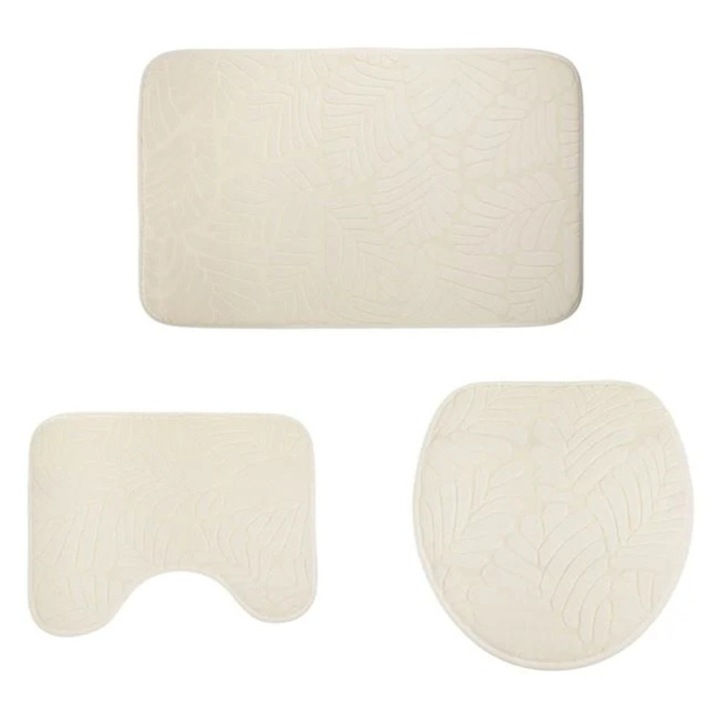 Set covorase, pentru baie, model frunze reliefate, poliester, bej, 3 piese, 80x50cm, 50x41cm si 40x42cm