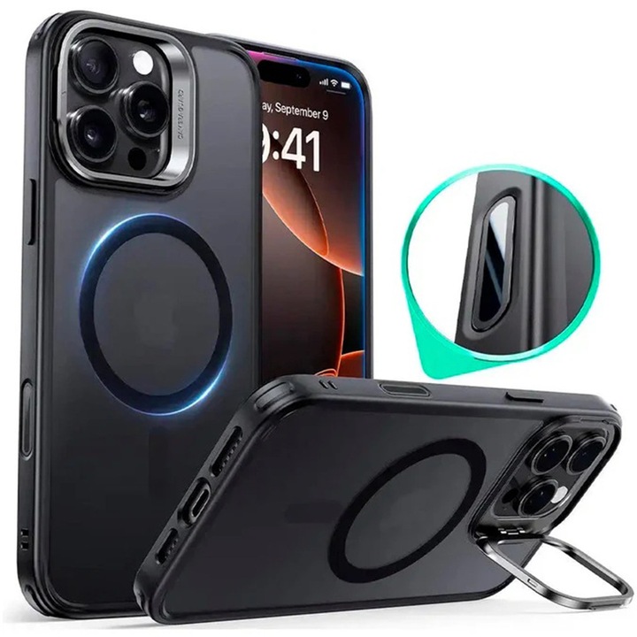 ESR Classic Hybrid HaloLock Kickstand telefontok, matt fekete, iPhone 16 Pro Max-hoz