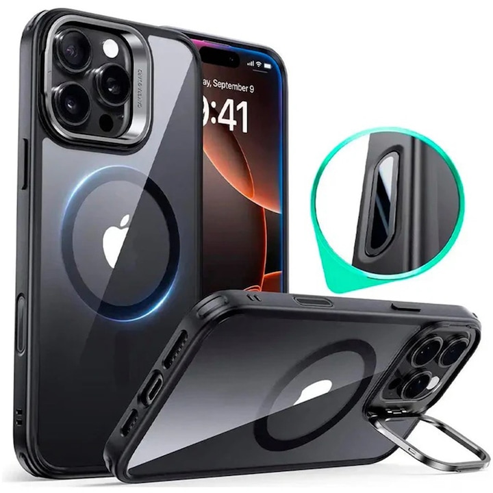 Prémium iPhone 16 Pro Max tok, MagSafe ESR-kompatibilis – klasszikus hibrid HaloLock kitámasztó – átlátszó