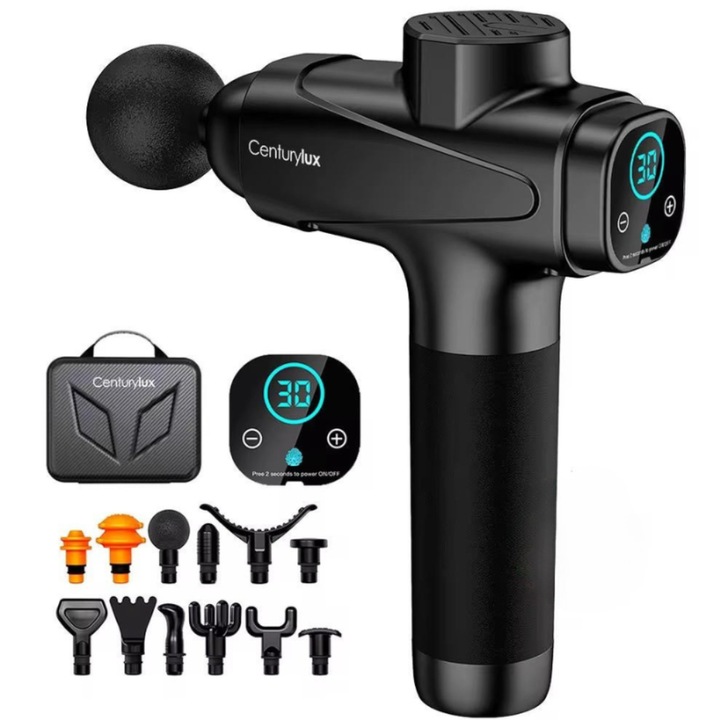 Aparat de Masaj Profesional Tip Pistol masaj CenturyLux® – 12 Capete, 30 Viteze, 3300 Percutii/min, + Geanta Transport – masaj pentru Gat, Spate, Maini, Picioare, Tonifiere, Anticelulitic, Relaxare musculara – Negru