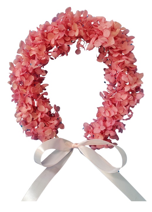 Coronita din hortensie criogenata, roz, cu fundita roz deschis