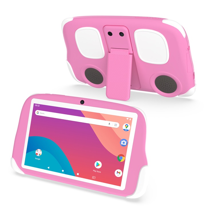 Tableta pentru copii KidsTAB, 8 inch, Android 12, 4G LTE, 64 GB memorie interna, 4GB RAM, extensibila, camere fata/spate, control parental, roz pudrat + husa si card memorie 64 GB incluse