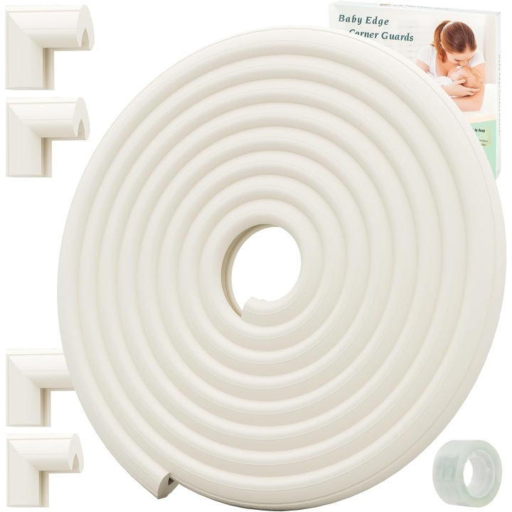 Set Protectii Colturi si Margini Mobilier pentru Copii – Spuma Moale, Banda Dublu Adeziva Inclusa, Usor de Aplicat si Indepartat, 2.3 m + 4 Coltare, Culoare Crem
