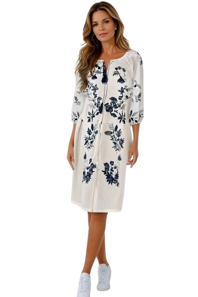 ICHI, Rochie din brocard cu insertie elastica Yesika, Alb/Albastru