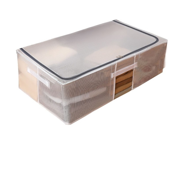 Tárolódoboz, ruháknak, cipőknek, vízálló PVC hálóból és oldalsó fogantyúkkal, összecsukható, kétirányú cipzár, 80 x 47 x 24 cm, átlátszó