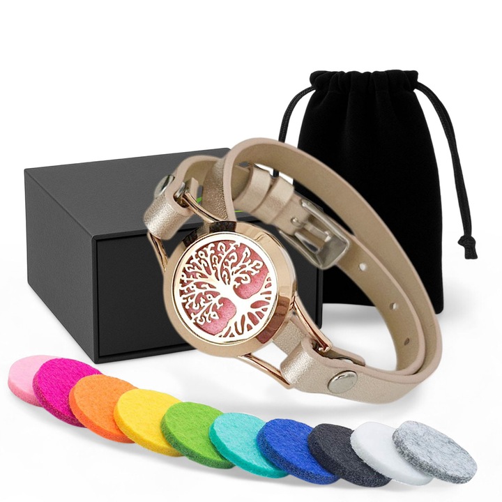 Aromaterápiás karkötő, zioda smart essentials®, diffúzor típusú illóolajokhoz, parfümökhöz vagy más aromákhoz, Életfa, arany medál, arany szíj