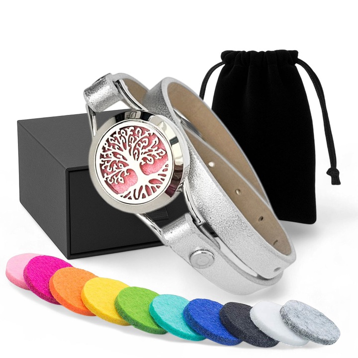 Aromaterápiás karkötő, Zioda Smart Essentials, diffúzor típusú illóolajokhoz, parfümökhöz vagy más aromákhoz, Életfa, ezüst medál, ezüst szíj