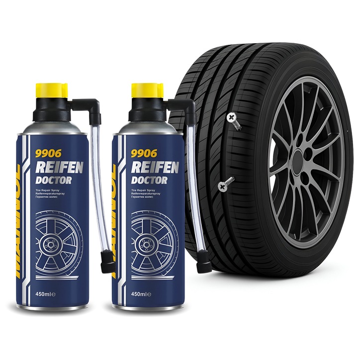 2x Mannol Reifen Doctor 9906 készlet, 450ml – Spray gumiabroncs-defektek tömítésére és gyors javítására, autó tömítőanyag