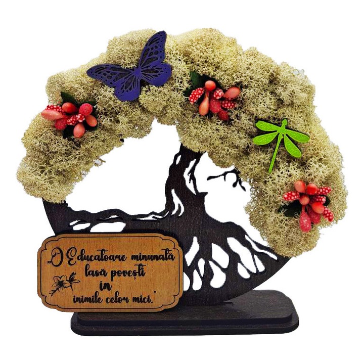 TCadou pentru Educatoare – Copacul Vietii cu Licheni Naturali Stabilizati, MDF, 15 cm, Wenge, mesaj O educatoare minunata lasa