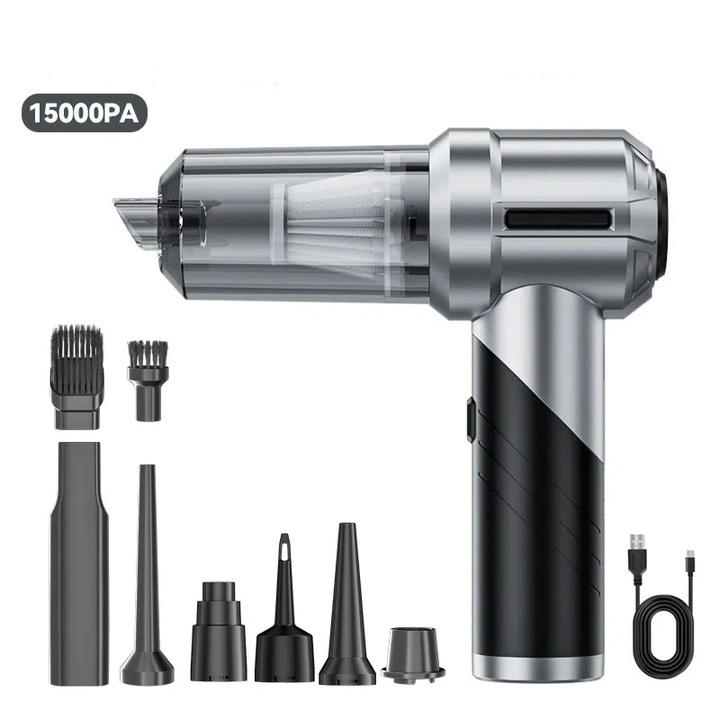 Aspirator auto portabil Xceed, 15000PA, 6000mAh, pliabil, gri, 8 accesorii