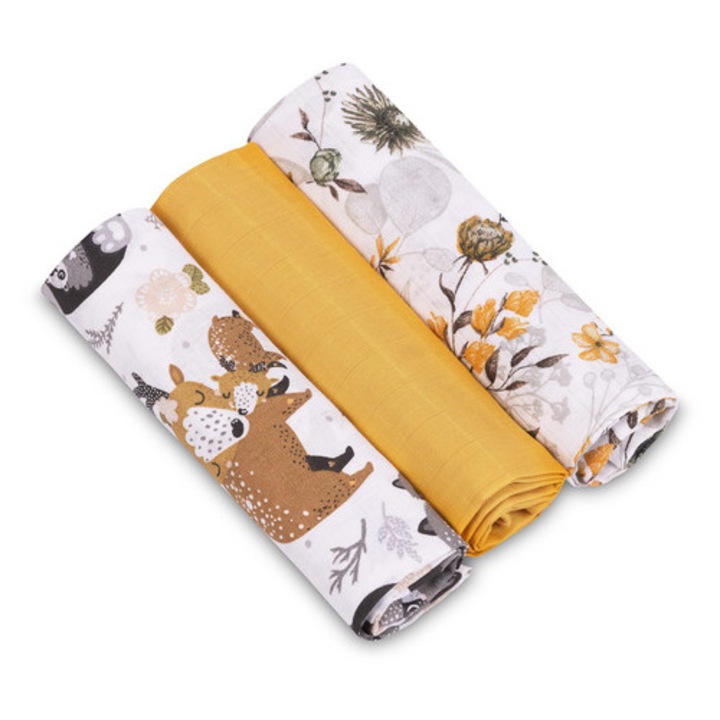 Set 3 museline, 60x80cm, multicolor, pentru ingrijirea bebelusului, set reutilizabil