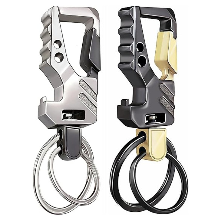 Set 2 Breloc Barbati, DANATI, Design cu inel dublu, pentru chei, Poate fi folosit ca un desfacator de sticle, rotire 360 de grade, Rezista la zgarieturi si rugina, Inox, 8, 2x2, 3 cm, Negru/Argintiu