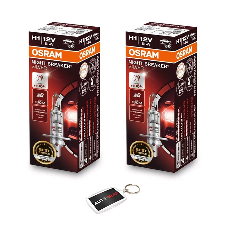 Set 2 Becuri Halogen H1 OSRAM Night Breaker Silver +100% Lumina 12V Cu Breloc Autobliz