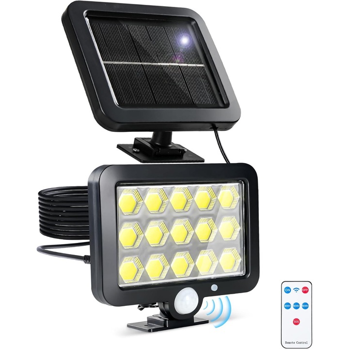 Лампа с дистанционно управление, NEVERMORE, 195 COB LED, соларна, със сензор за движение и светлина, 5 м кабел, регулируем соларен панел, водоустойчива, черна